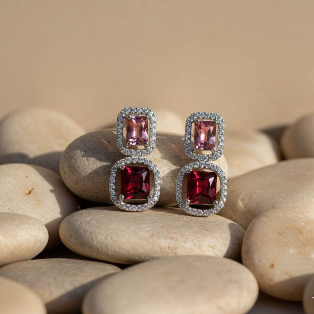 American Diamond Red and Pink Stud Earrings