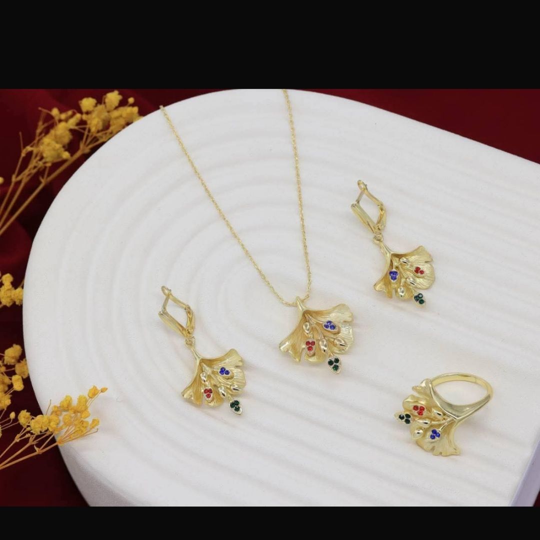 Golden Leaf Zircon Necklace Set with Earrings & Ring