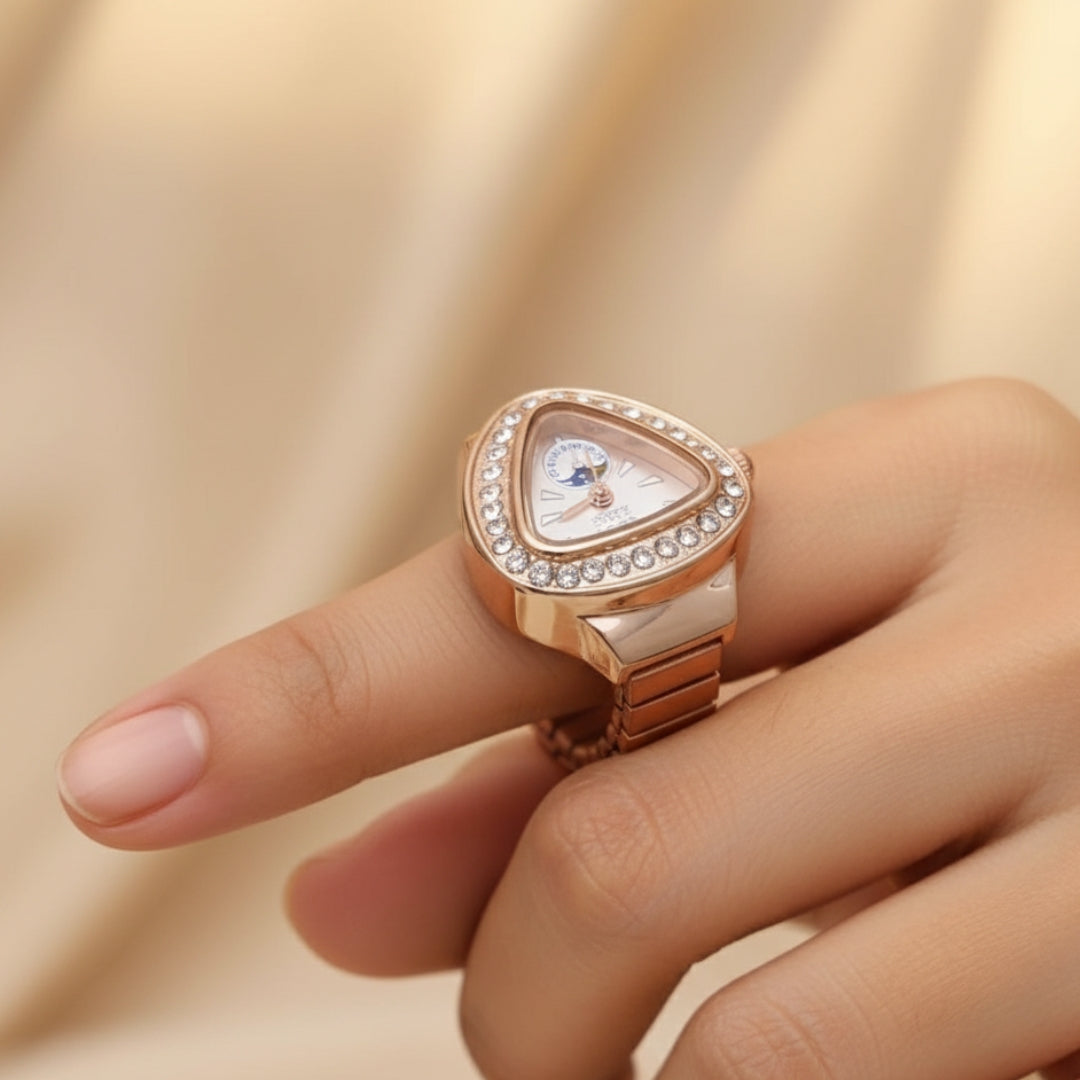 Rose Gold Finger Watch | Crystal Studded Fashion Ring