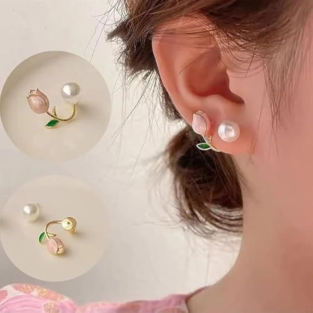Gold-plated tulip and pearl stud earrings