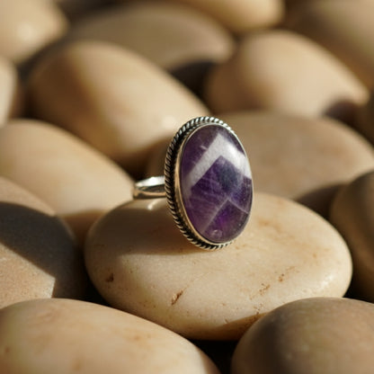 Oxidized Silver Chevron Amethyst Oval Ring