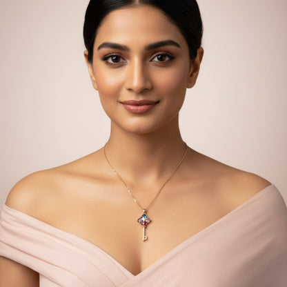 Gold Key Pendant Necklace with Colorful Stones