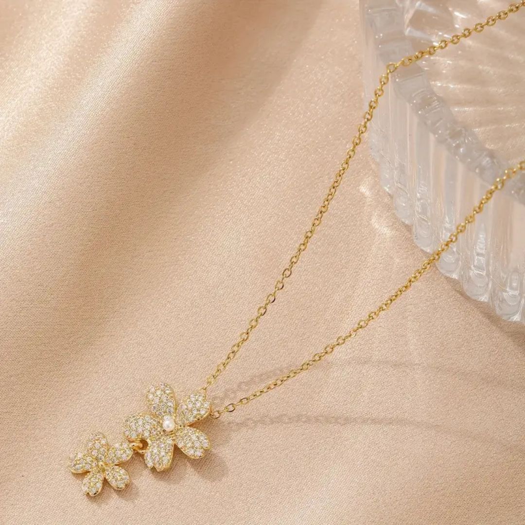 Floral Double Flower CZ Pendant Necklace | Layered Crystal Blossom Silver Chain