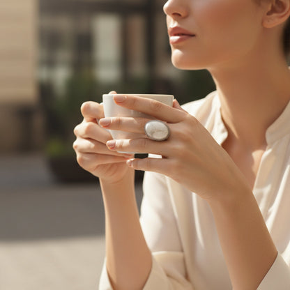 Oxidized Silver White Marble Oval Ring