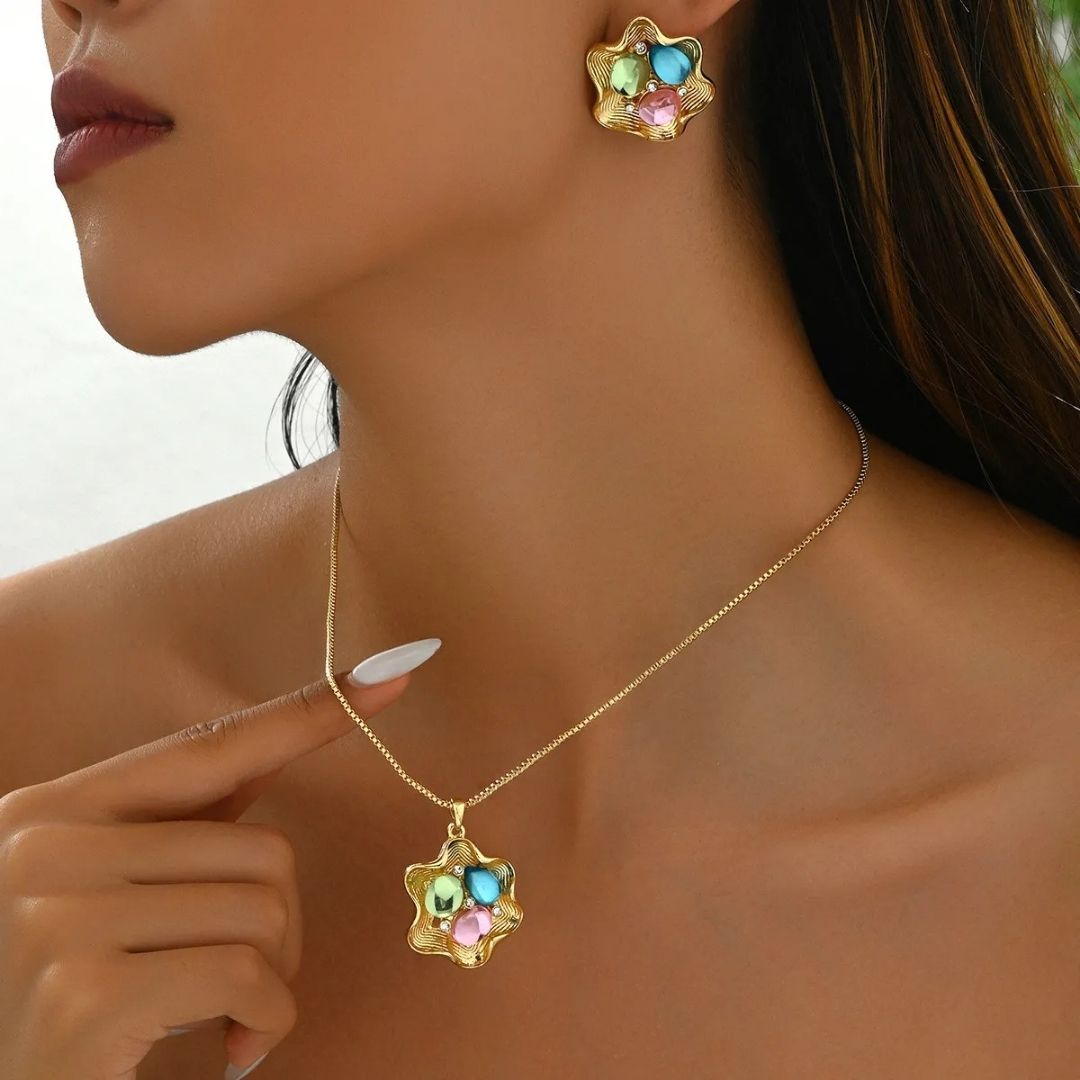 New style women's jewelry set with a unique petal design, earrings and long necklace