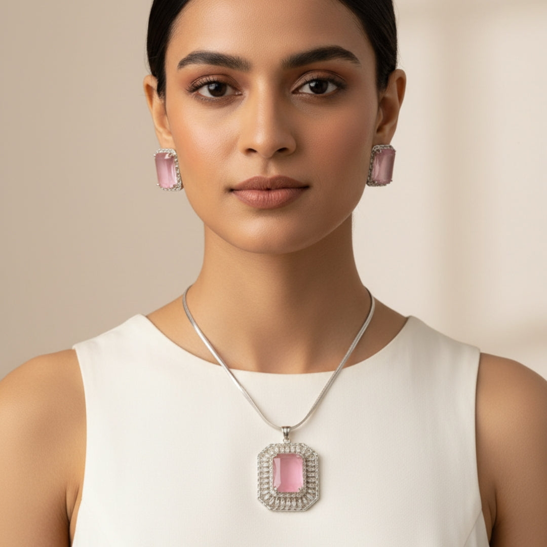 Pink Square American Diamond Necklace Set