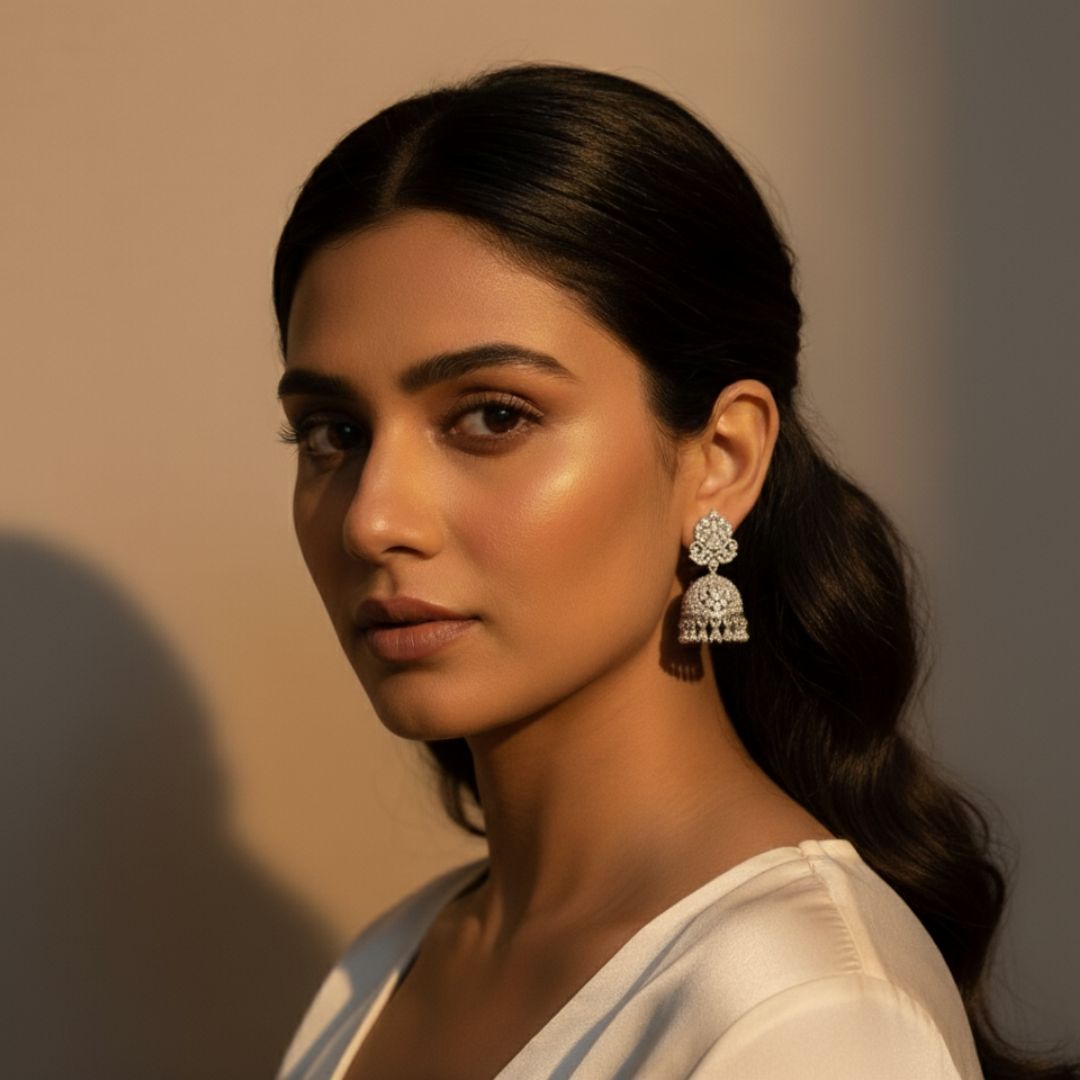 American Diamond Jhumka Earrings – Bridal Silver