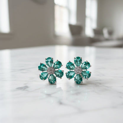 American Diamond Green Enamel Floral Earrings