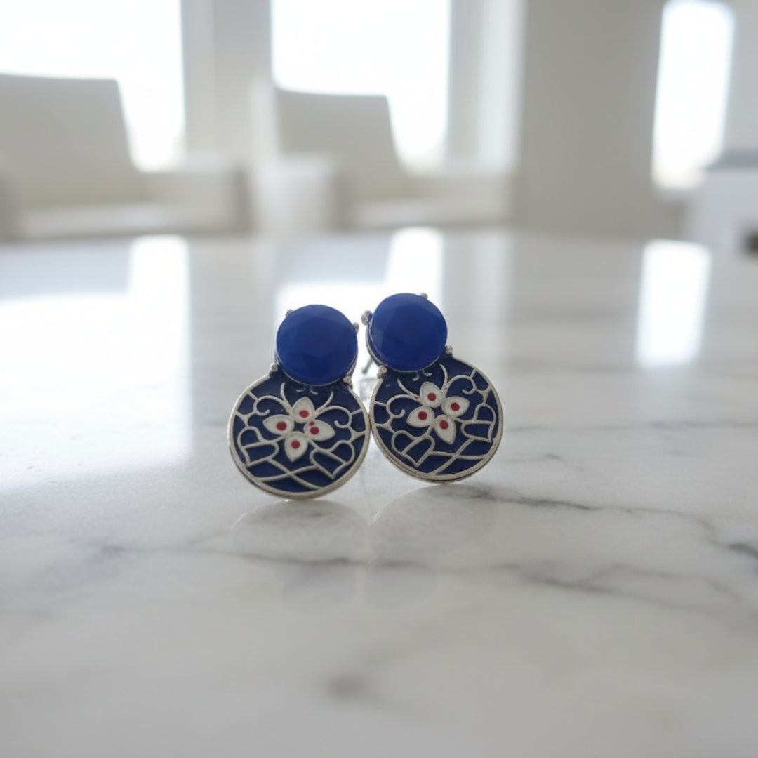 Oxidised Blue Enamel Floral Stud Earrings