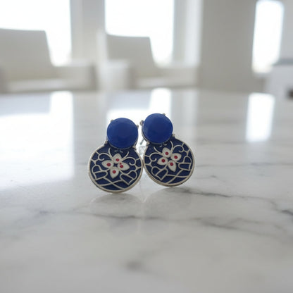 Oxidised Blue Enamel Floral Stud Earrings