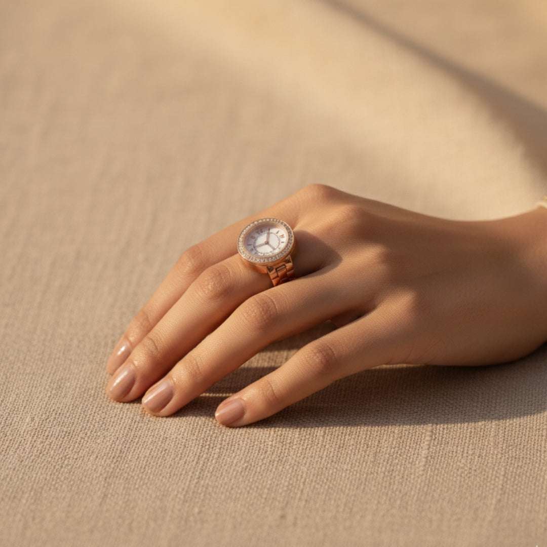 Rose Gold Crystal Finger Watch | Elegant Adjustable Ring Timepiece