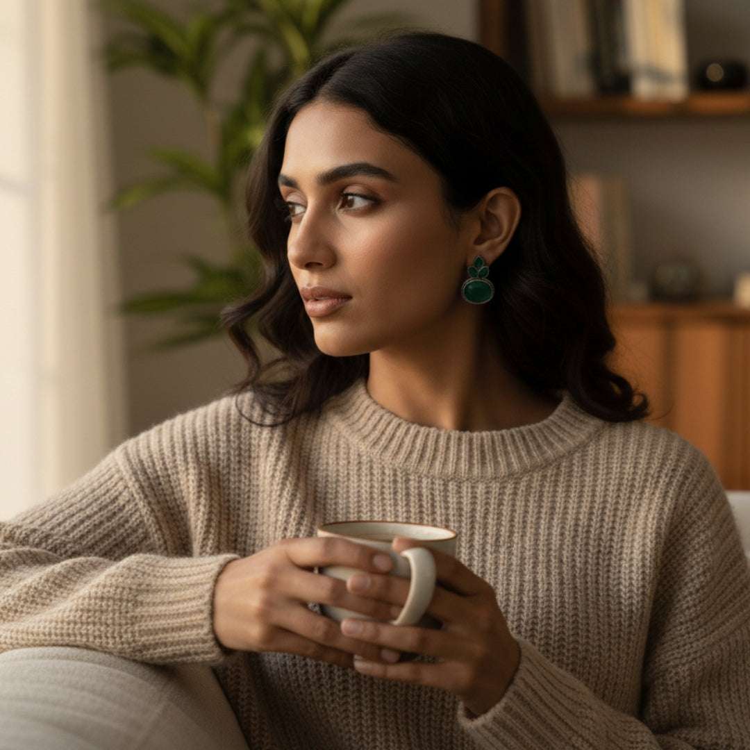 Oxidized Green Stone Oval Stud Earrings