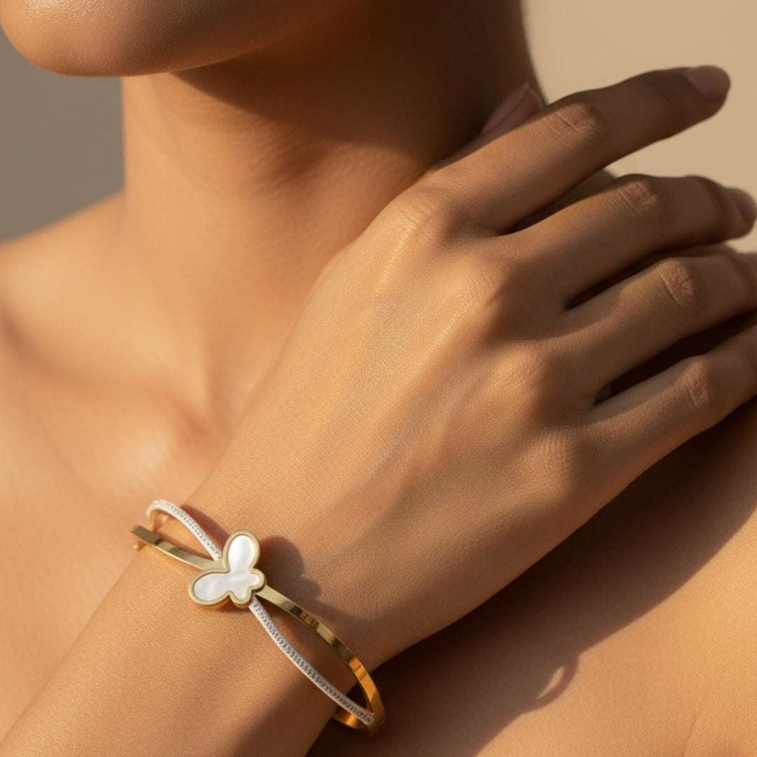 Anti-Tarnish Butterfly Bracelet | Mother of Pearl & Crystal Bangle