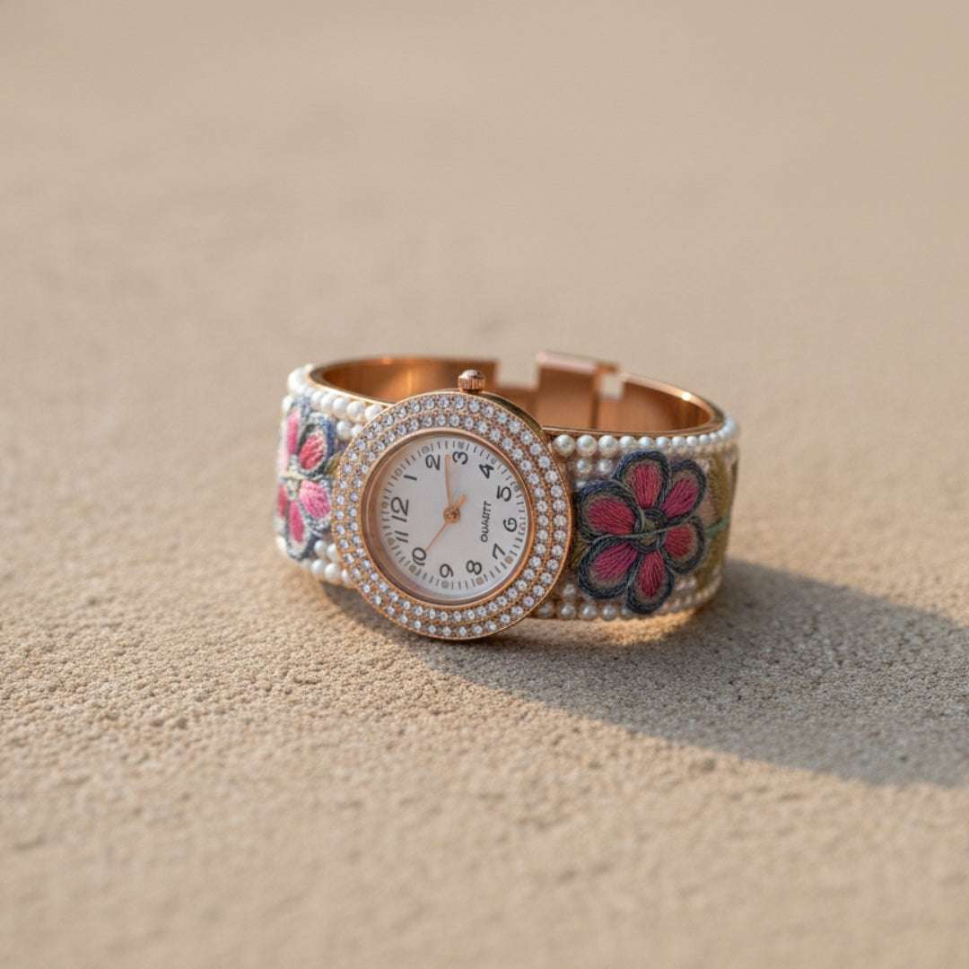 Embroidered Floral Bangle Watch – Pearl & Crystal Accents