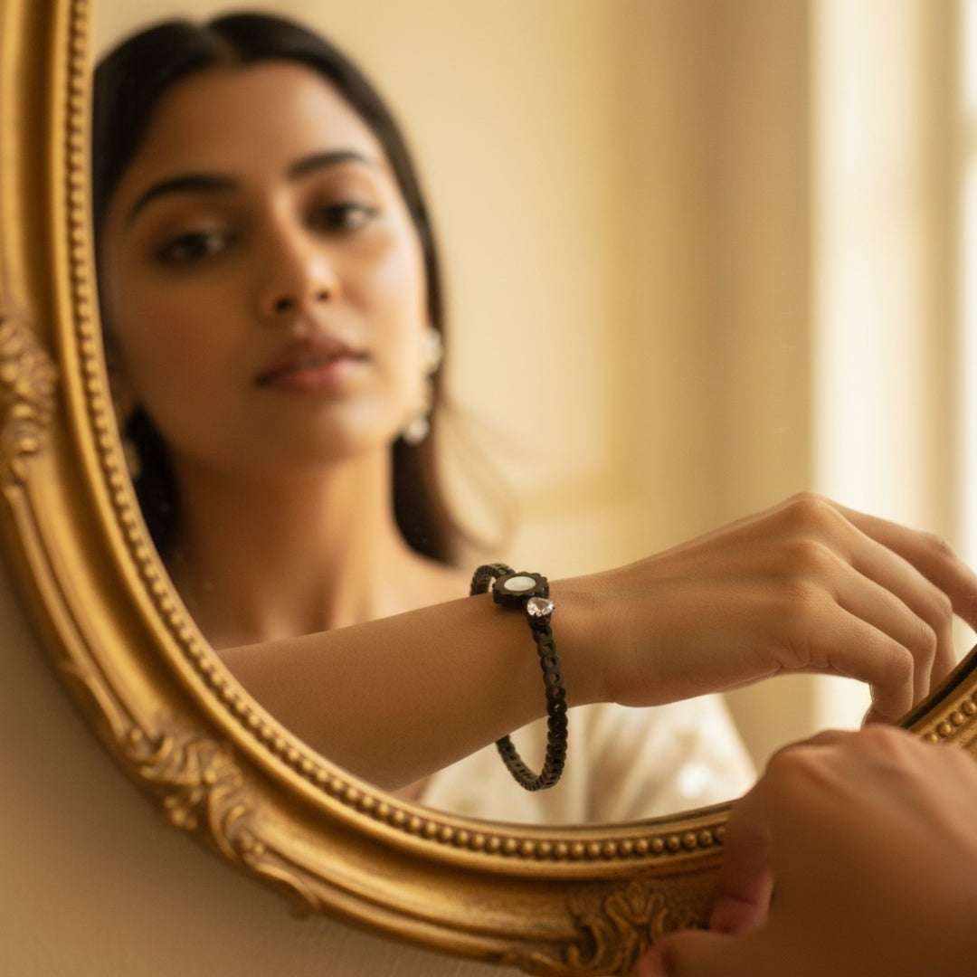 Black Plated Floral Bracelet | Pearl & Crystal Accent Bangle