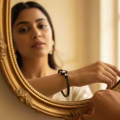 Black Plated Floral Bracelet | Pearl & Crystal Accent Bangle