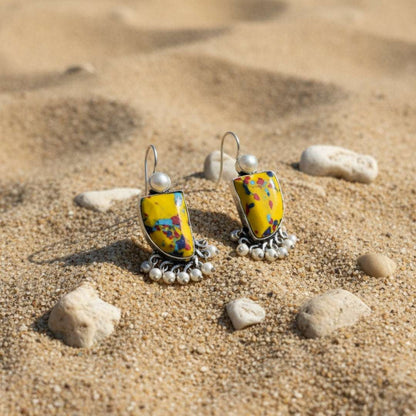 Oxidized Abstract Yellow Stone & Pearl Danglers