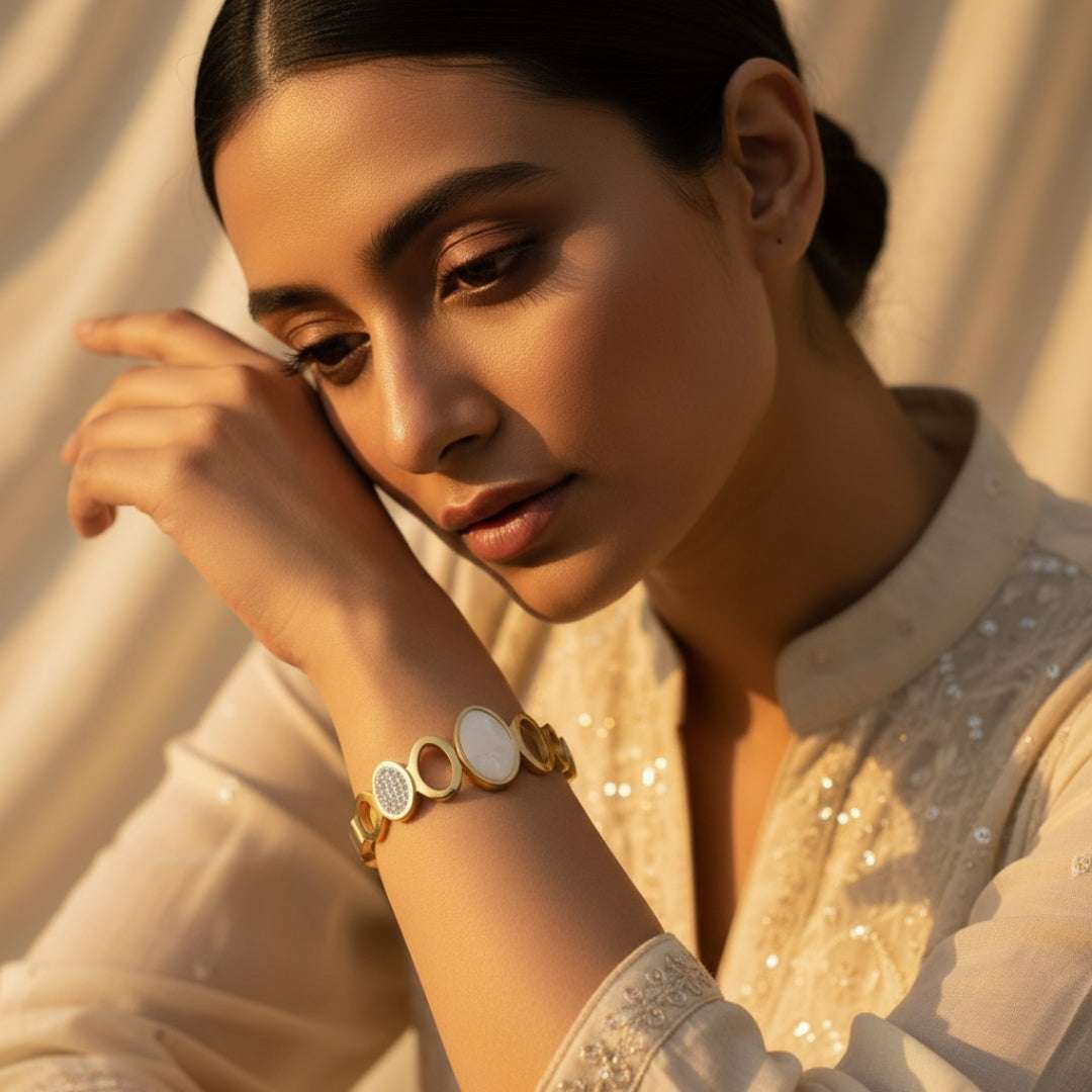 Anti-Tarnish Gold Bracelet | White Stone & Crystal Designer Bangle