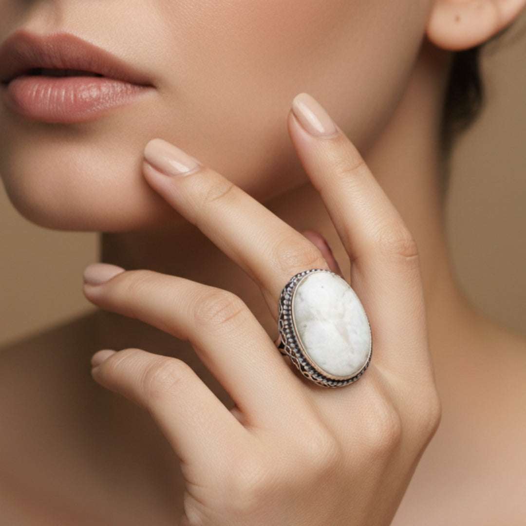 Oxidized Silver White Marble Oval Ring