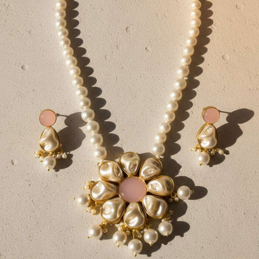 Natural Stone & Pearl Floral Necklace Set