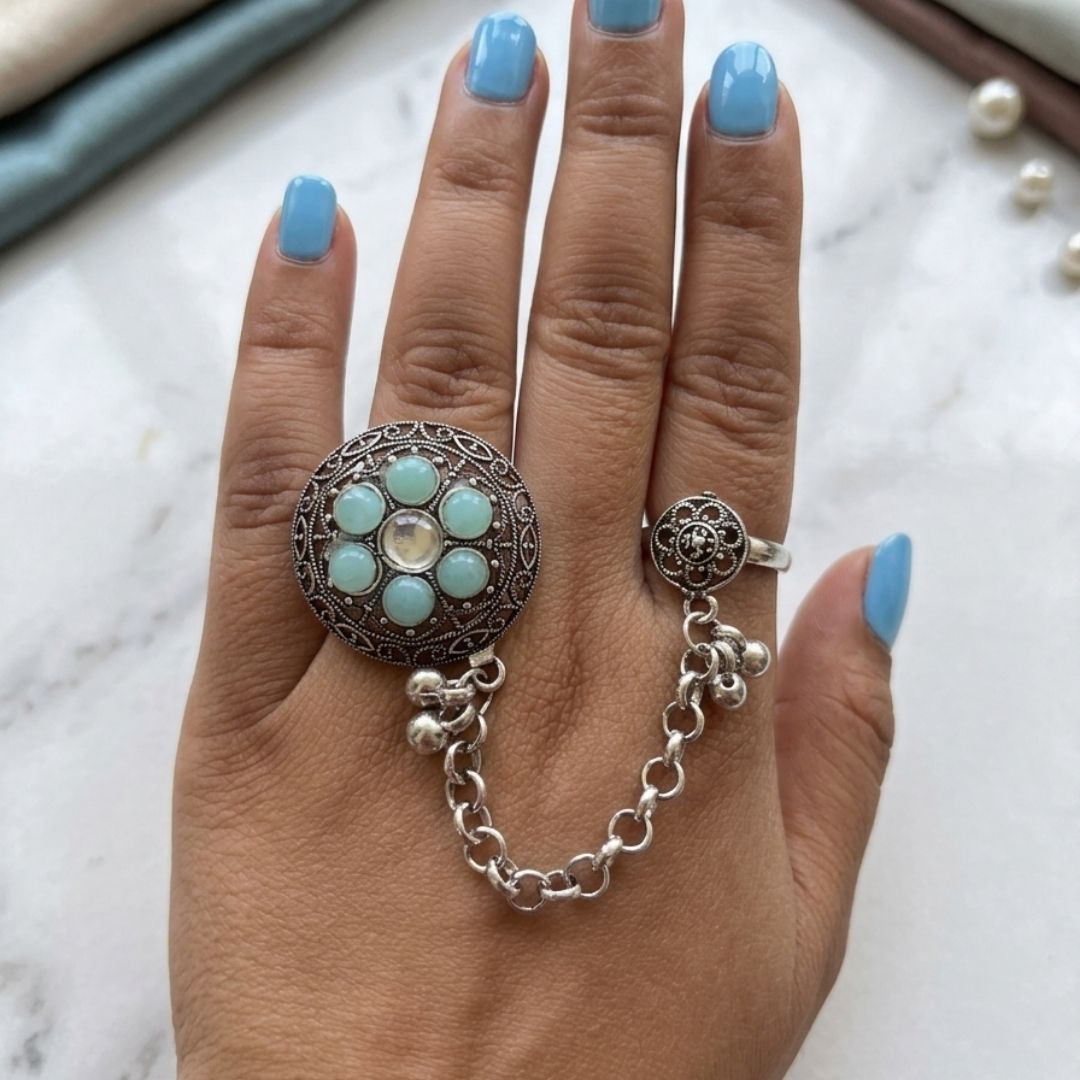 Oxidized German Silver Kashmiri-Style Mint Green Stone Floral Chain Hand Harness Ring