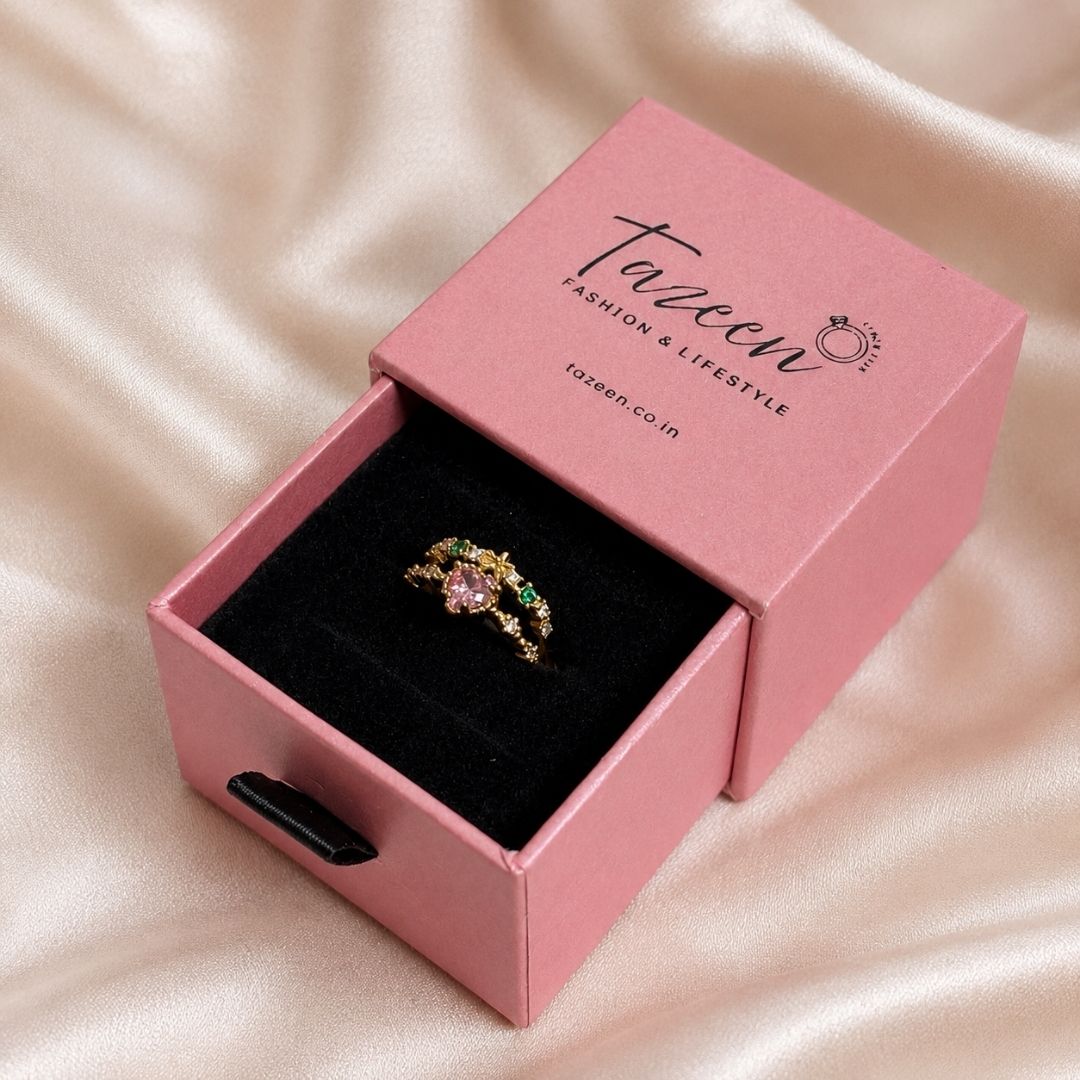 Elegant Adjustable Floral Open Ring – Gold-Tone with Pink & Green Crystal Accents