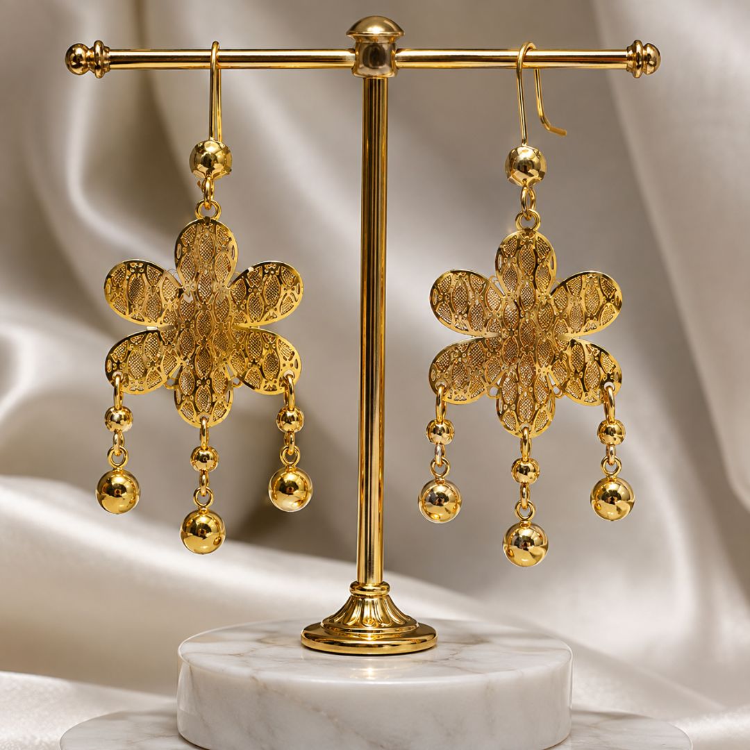 Elegant Golden Floral Filigree Drop Earrings with Pearl-Like Ball Charms