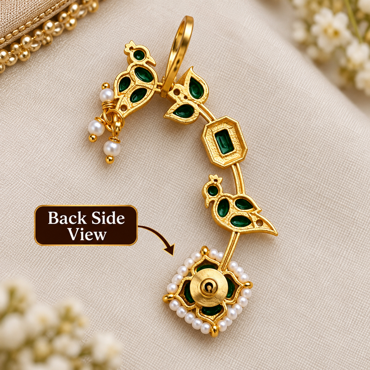 Gold-Plated Contemporary Green Ear Cuff Earrings