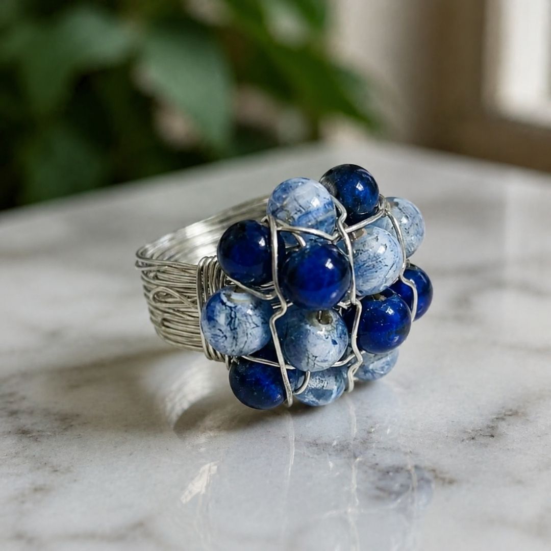 Handmade Blue Beaded Wire Wrap Cluster Ring