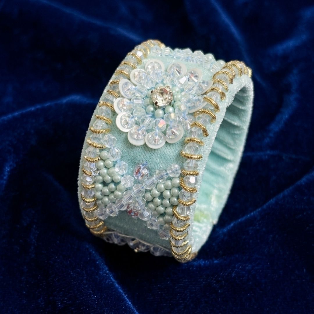Handmade Adjustable Vintage-Inspired Beaded Velvet Cuff Bracelet