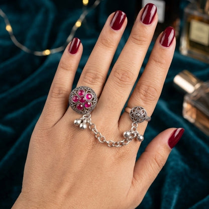 Oxidized German Silver Kashmiri-Style Pink Stone Floral Chain Hand Harness Ring