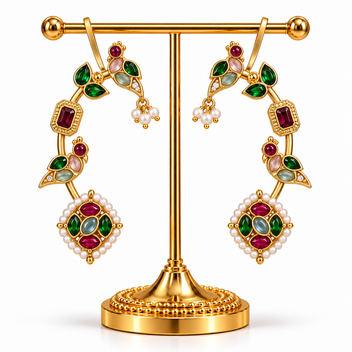 Gold-Plated Peacock-Shaped Ear Cuff Earrings with Artificial Stones and Bead Embellishments