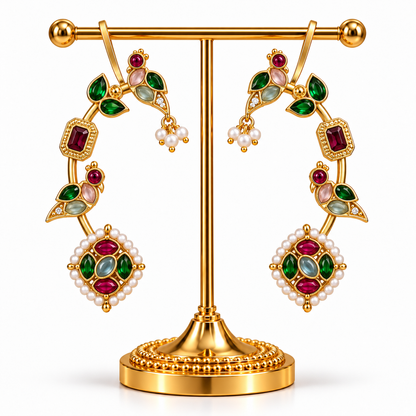 Gold-Plated Peacock-Shaped Ear Cuff Earrings with Artificial Stones and Bead Embellishments