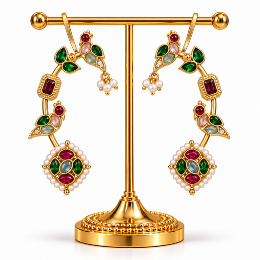 Gold-Plated Peacock-Shaped Ear Cuff Earrings with Artificial Stones and Bead Embellishments