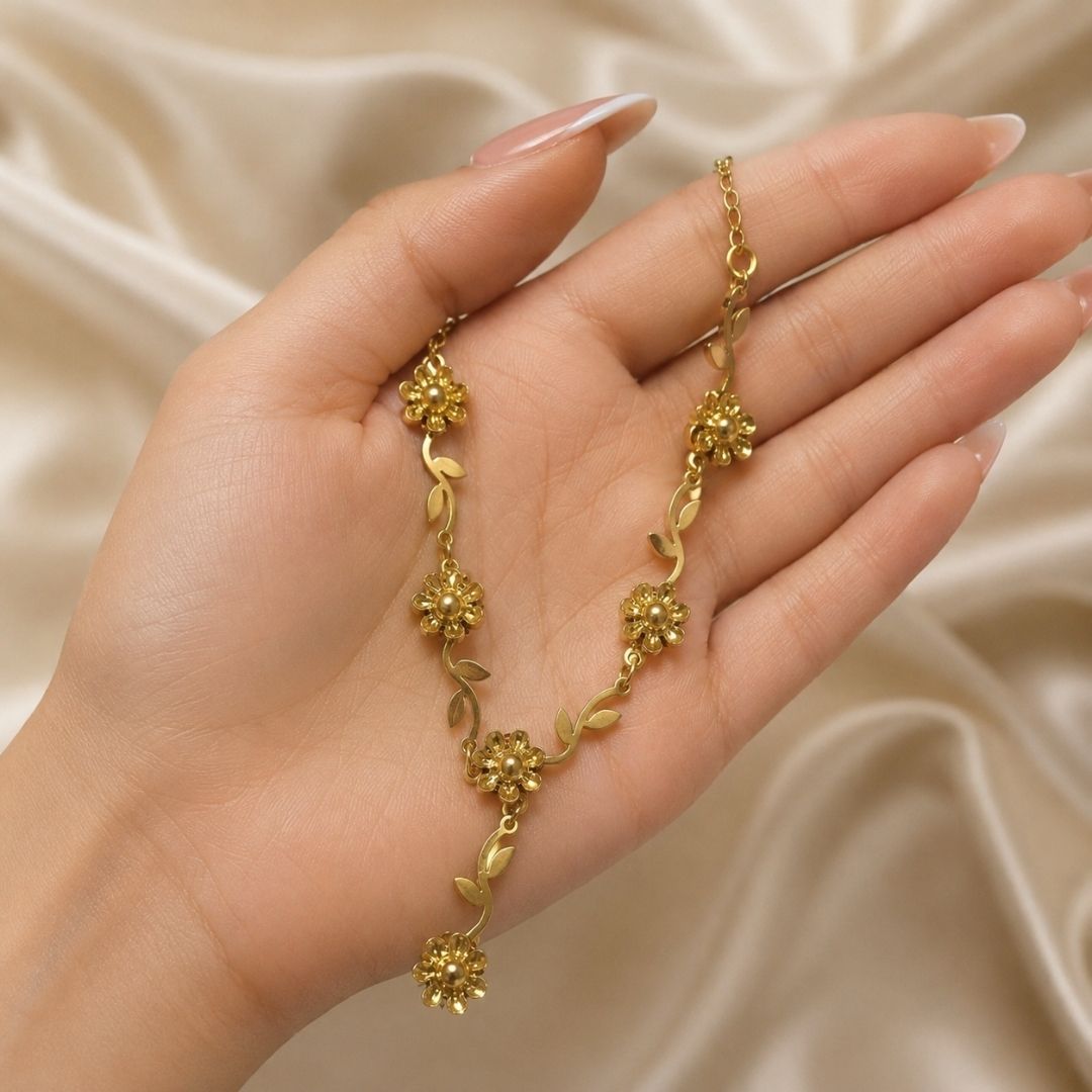 Elegant Gold Floral Y Necklace with Leaf and Flower Charms – Statement Jewelry