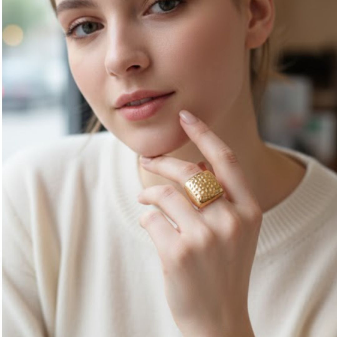 Textured Square Statement Ring for Women – 18K Gold Plated