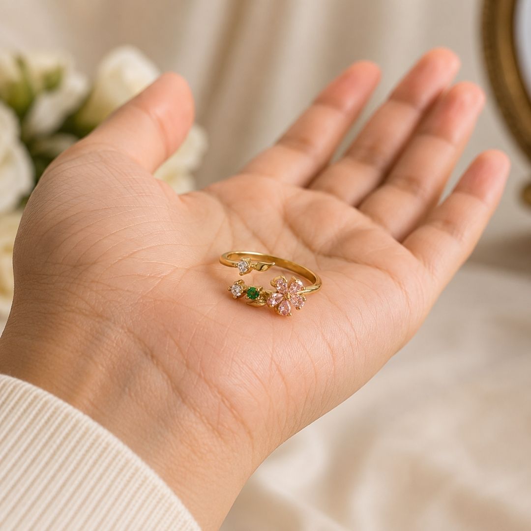 Elegant Adjustable Floral Open Ring – Gold-Tone with Pink & Green Crystal Accents