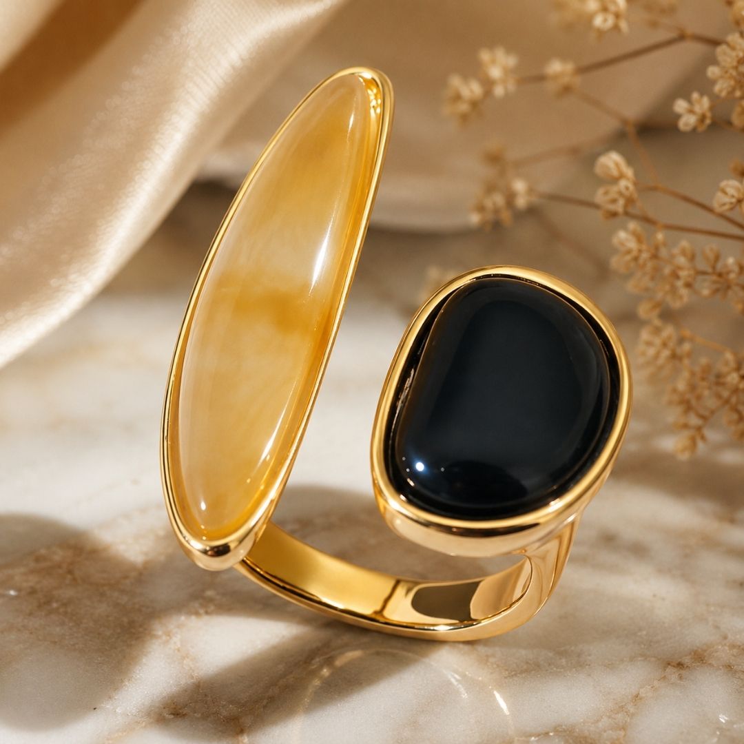 Brass 18K Gold-Plated Natural Stone Irregular Open Ring