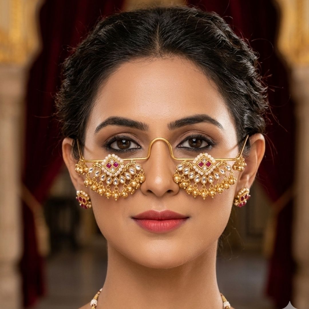 Traditional Brass Kundan Pearl Chandbali Hair Accessory with Ghungroo Facelet