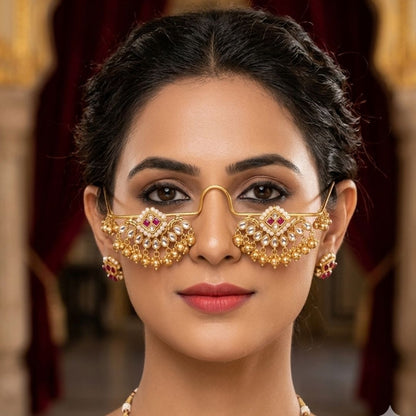 Traditional Brass Kundan Pearl Chandbali Hair Accessory with Ghungroo Facelet