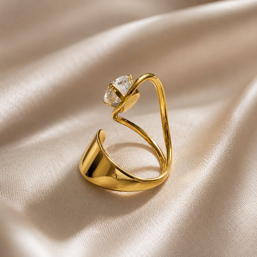 Elegant Gold Statement Ring with Oval Crystal – Modern Open Wrap Jewelry