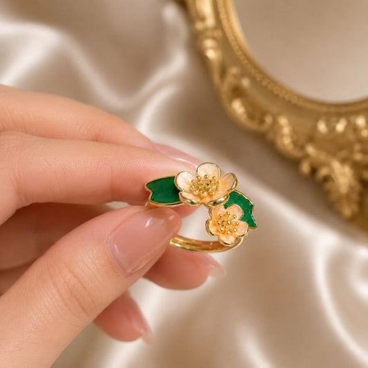 Elegant Enamel Blossom Floral Open Ring