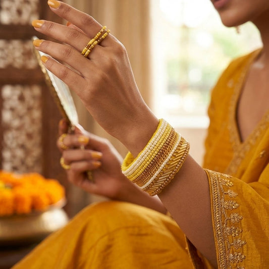 Handcrafted Yellow Beaded Bracelet with Gold Thread Detailing