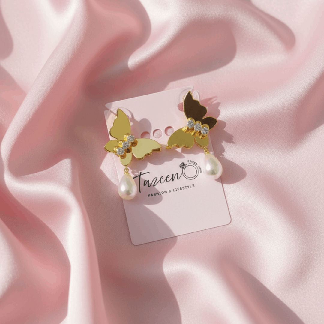 Gold Butterfly Pearl Drop Earrings