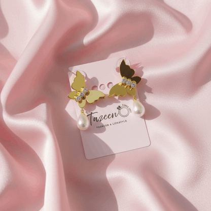 Gold Butterfly Pearl Drop Earrings