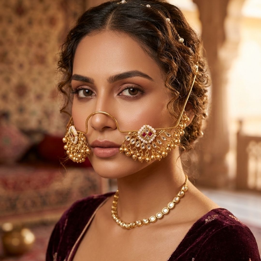 Traditional Brass Kundan Pearl Chandbali Hair Accessory with Ghungroo Facelet