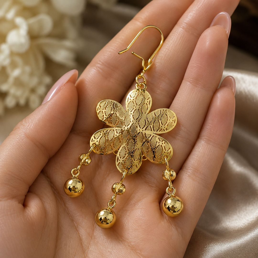 Elegant Golden Floral Filigree Drop Earrings with Pearl-Like Ball Charms