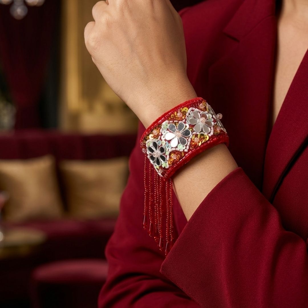 Handmade Red Beaded Floral Cuff Bracelet with Tassel Fringe
