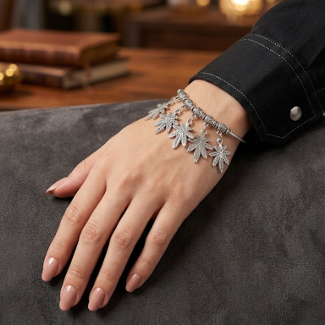 Oxidized Silver-Tone Leaf Charm Bracelet | Boho Adjustable Bangle for Women
