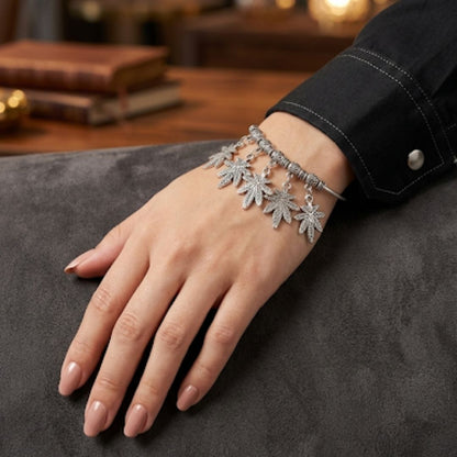 Oxidized Silver-Tone Leaf Charm Bracelet | Boho Adjustable Bangle for Women